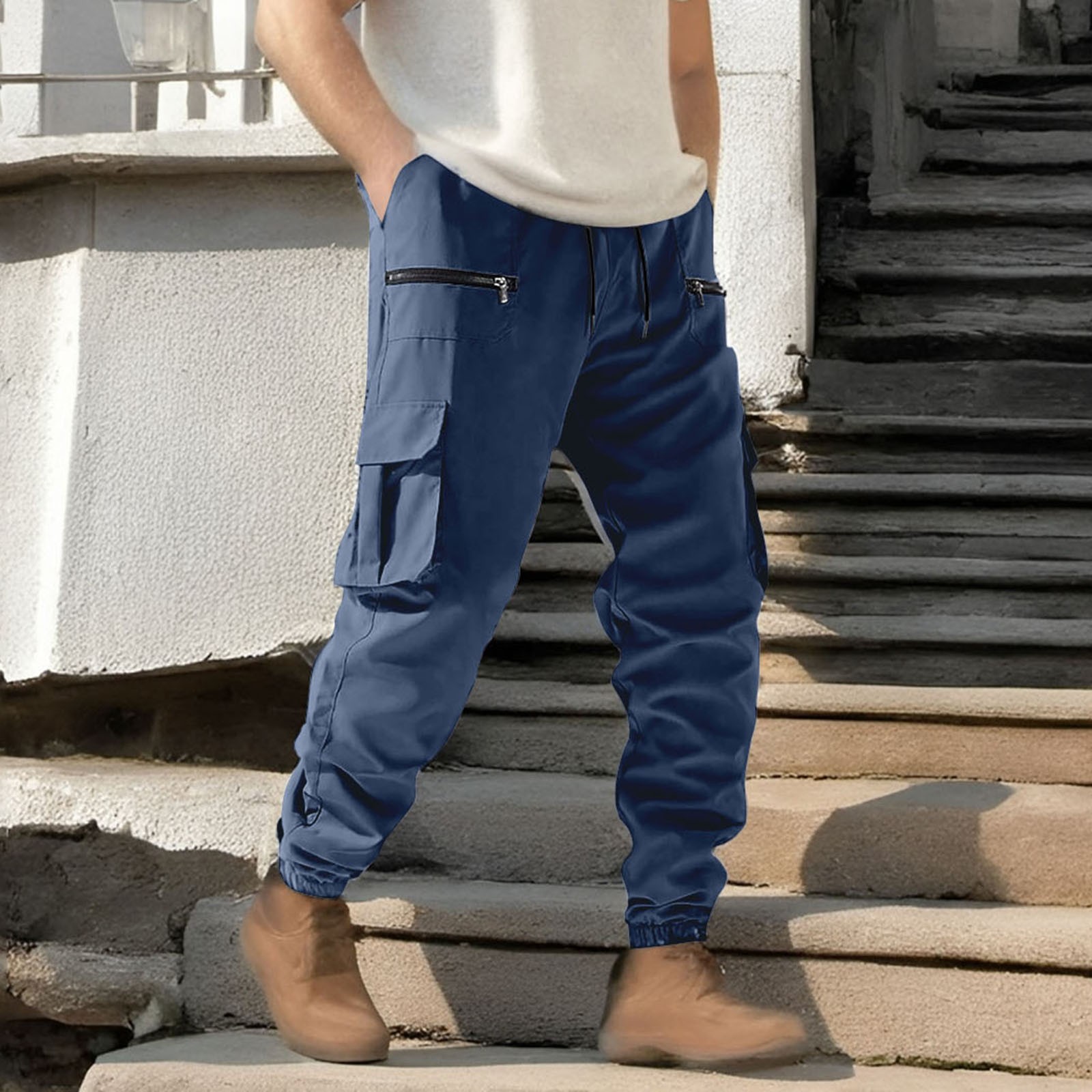 thumbnail image 2 of Pantalones de trabajo de color liso con cremallera para hombre: bolsillos grandes, cordones en los tobillos, estilo informal holgado, para negocios/deporte, poliéster, diseño con cintura ajustable., 2 of 5